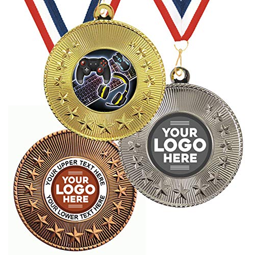 Trophy Monster Paquete de 10 medallas y cintas de metal de 50 mm, emblema estándar o tu logotipo, personalizable, paquete a granel, cantidad 50,100,250 o 500 | oro, plata o bronce
