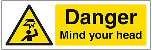 vsafety 63034 ax-r"Danger Mind tu cabeza 'señal de advertencia General, plástico rígido, paisaje, 300 mm x 100 mm, color negro/amarillo