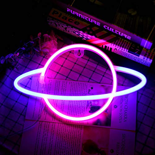 Wovatech Planet Neon Signs - Letreros de neón con base LED Lámpara de mesa Luces Azul Rosa Luz nocturna - Funciona con batería o USB para decoración de habitación de niños Fiesta de cumpleaños Boda