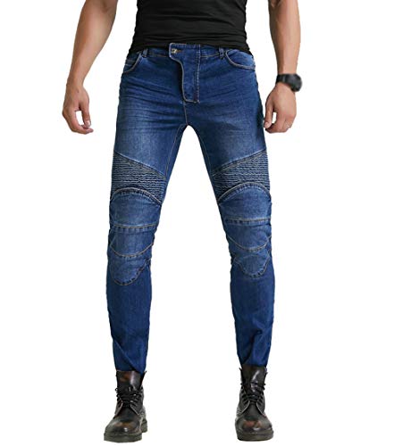 YuanDian Hombre Pantalon Vaquero Moto con Protecciones de Rodilla y Cadera Stretch Slim Fit Jeans de Moto Pantalones de Motociclista Cargo Recto Denim Tejanos Pantalon Azul 33W / 33L