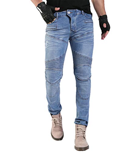 YuanDian Hombre Pantalones Vaqueros De Moto Mezclilla Jeans De Moto Pantalon Motociclista con Protecciones de Rodilla y Cadera Stretch Slim Fit Cargo Tejanos Pantalon Azul 31W / 32L