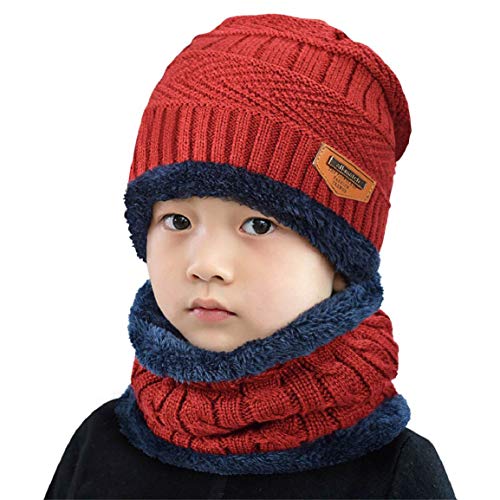 Yuson Girl Conjunto de Bufanda y Gorro de Punto para niños Forro Polar de Lana Beanie Hat Sombrero Cuello Caliente (Rojo)