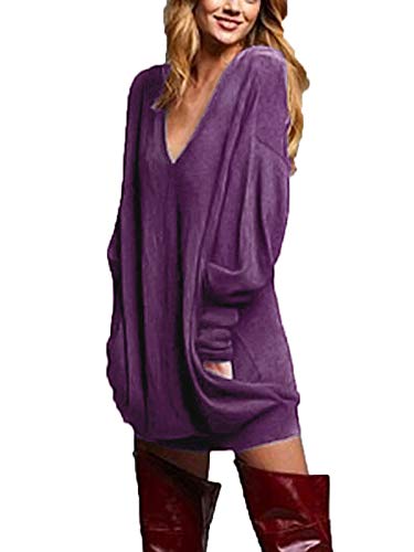 ZANZEA Mujer Jersey de Punto Largos Cuello V Manga Larga Otoño Vestidos Sudadera Casual Tallas Grandes Suéter Suelta Violeta L