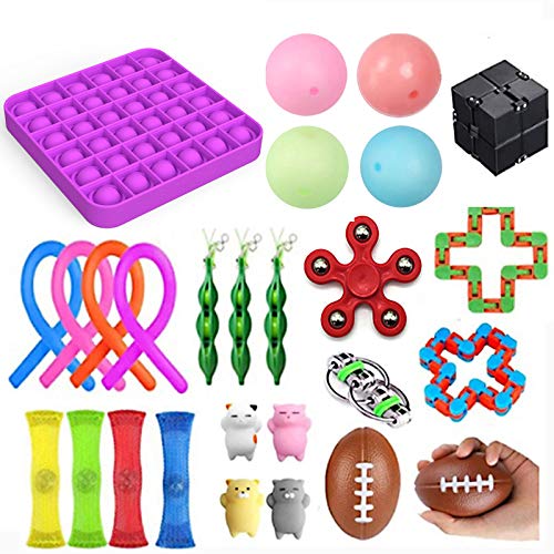 27 Fidget Toy Niños Adultos Juego de juguetes antiestrés, 4 bolas pegajosas Gobbles + 1 Push Pop Pop Bubble + 3 Frijoles + 4 Figet String + Todo en la imagen (27 piezas púrpura)