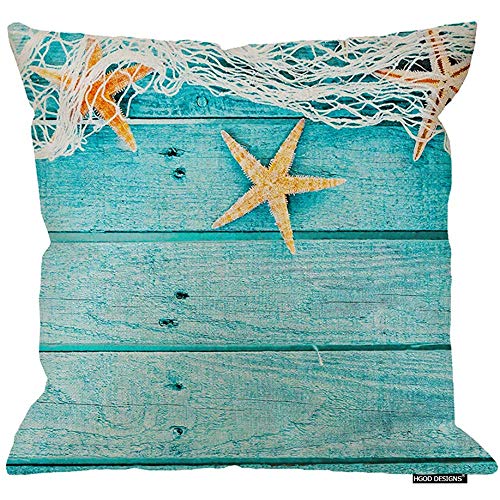 2pcs 18X18Inch-Seashell Decor Throw Pillow Cojín, red de pesca drapeada y estrella de mar sobre funda de almohada decorativa cuadrada decorativa de lino de algodón de madera rústica azul pintado
