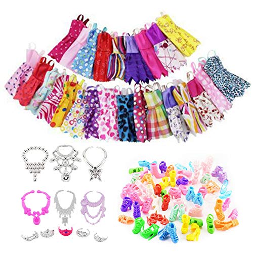 35 piezas de ropa accesorios de joyería para muñeca Barbie, incluyendo ropa de moda, vestidos, vestidos, zapatos, collares, tiaras, suministros de fiesta Barbie.