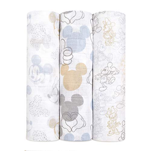 aden + anais Paquete de 3 pañales grandes 100% muselina de algodón metalizada Disney Baby – Mickey Mouse + Minnie Mouse (120 x 120 cm)