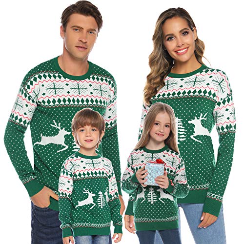 Aibrou Jersey Suéter de Navidad Familia para Mujer Hombre y Niños,Jerséis de Punto Ciervo Cuello Redondo Cómodo y Cálido