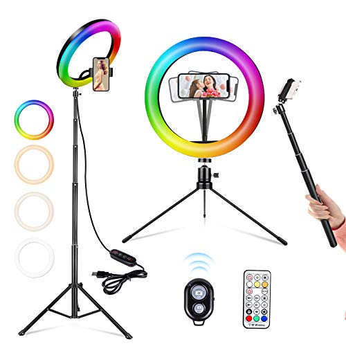 Anillo de Luz LED, ACTION 10" Aro de Luz para Movil con 2 Trípodes, 26 RGB Colores Regulable, Control Remoto Bluetooth, 9 Niveles de Brillo y 3 Modos de Luz, Selfie Maquillaje Youtube TIK Tok