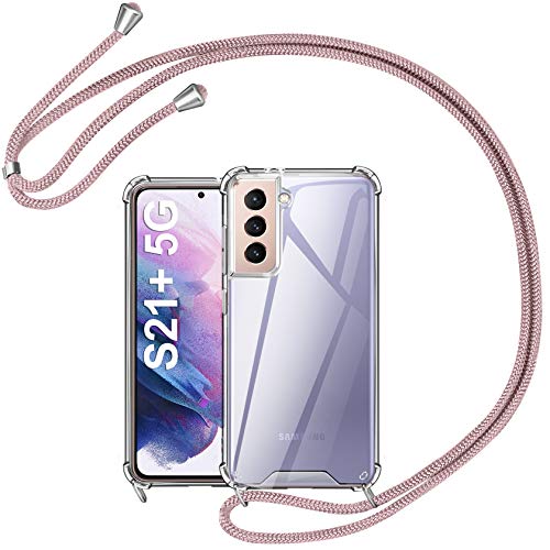 AROYI Funda con Cuerda Compatible con Samsung Galaxy S21 Plus/ S21+ 5G, Carcasa Transparente TPU Silicona Case con Colgante Ajustable Collar Correa de Cuello Cordón (Oro Rosa)