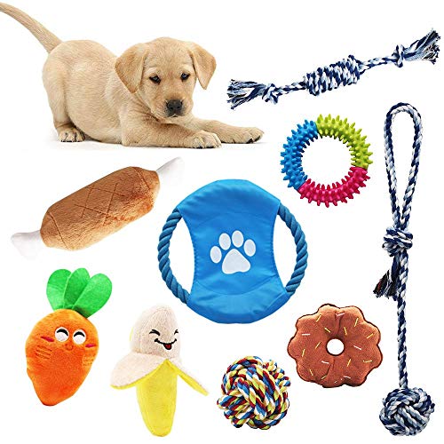 AWIIK - Juguetes para Perros Cachorros, pequeños y medianos. Pack de 9 Juguetes de Cuerdas, frisby, Pelota y Peluches para morder. Piezas durables y Resistentes.