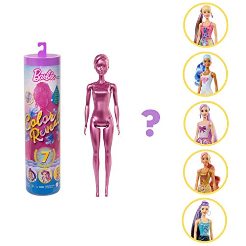 Barbie Color Reveal, muñeca sorpresa color metálico y brillo con accesorios de moda sorpresa (Mattel GTR93)