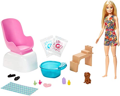 Barbie- Conjunto de Juego SPA y salón de Belleza, muñeca Rubia, Perrito, Paquetes de Polvo y Efectos de Cambio de Color (Mattel GHN07)