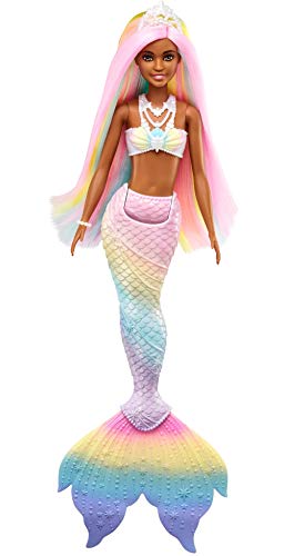 Barbie Dreamtopia Muñeca sirena afroamericana arcoiris mágico, cambia de color en el agua, regalo para niñas y niños +3 años (Mattel GTF90)