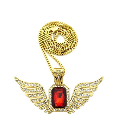 Blingfactory Hip Hop Iced Out Gold PT - Collar con colgante de alas de rubí rojo y cadena de caja de 2 mm, 61 cm