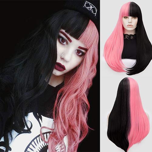 Blue Bird Synthetic Long Straight Hair for Women Fashion Half Black and Half Pink Colour Wigs with Bangs Natural Wavy Wig for Girls Cosplay Party Show