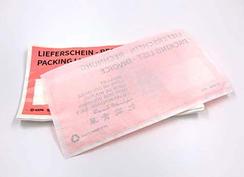 Bolsas de papel de pergamino, DIN largo = 240 x 131 mm, bolsas de papel de acompañamiento, color rojo con texto "Lieferschein-Rechung", varios idiomas, autoadhesivas (100)