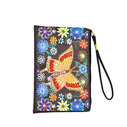 Bolso de Mano de Bricolaje para Mujer con Flor de Mariposa Pintura de Diamante DIY Bolso de Mano de Cuero para Mujer Monederos Bolso de Teléfono Bolso de Viaje Bolsa de Maquillaje 20x15cm