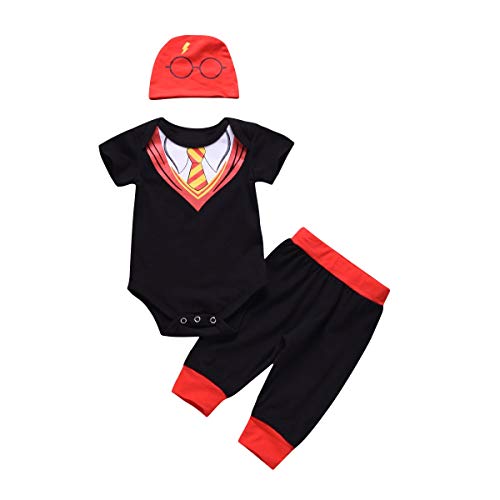 Borlai Toddler - Conjunto de corbata para bebé con pantalón y sombrero estampado, 3 unidades (6-12 m)