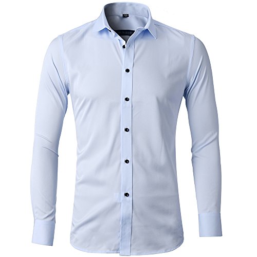 Camisa Bambú Fibra Hombre, Manga Larga, Slim Fit, Camisa Elástica Casual/Formal para Hombre, Celeste, 41 (Cuello 41CM, Pecho 108CM)