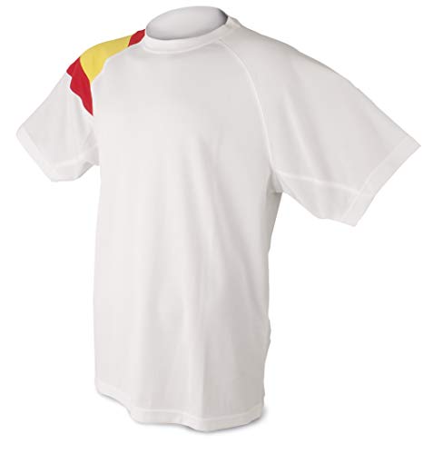 Camiseta Bandera D&F-Camiseta Blanca con los Colores de España (M) Pecho: 50 CM;Largo: 67.5 CM, Largo DE Manga: 36.5 CM; Ancho DE Manga: 24 CM; Cuello: Ancho 14 CM
