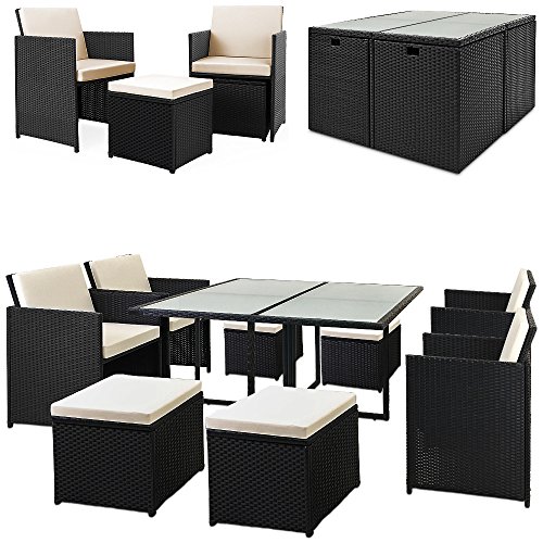 Casaria Conjunto de sillas y Mesa 8+1 poliratán Diseño en Forma de Cubo Cojines 7cm Grosor Respaldo reclinable - Lounge