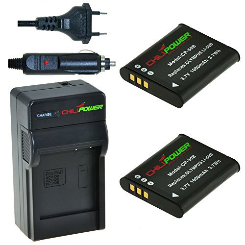 ChiliPower Li-50B - Juego de 2 baterías y Cargador para Olympus Stylus 1010-9010, SP-720UZ-810UZ, SZ-10, SZ20, SZ-30MR, SZ-31MR iHS, Tough 6000-8010, TG-610-620, TG-805-850, VG-190, VH-410, VH-515