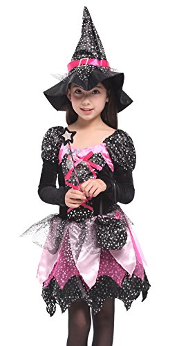 Cloudkids Disfraz de Bruja para Niñas Infantil con Sombrero de Bruja Hechicera- Niña - Disfraz - Carnaval - Halloween - Cosplay - Accesorios - Talla L, 4 a 6 años