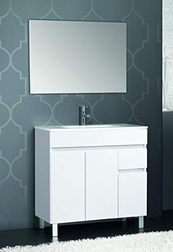 Conjunto de Mueble de baño con Lavabo de Porcelana y Espejo - 3 Puertas y 1 Cajón amortiguado - El Mueble va MONTADO - Modelo Clif (100 cms, Blanco)