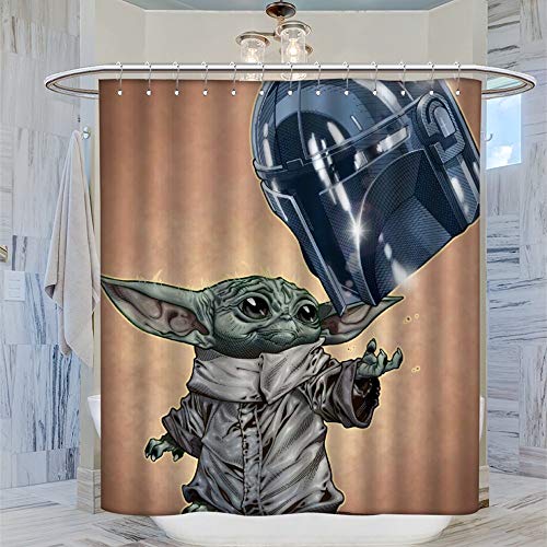 Cortinas de ducha impermeables lavables de Star Wars The Mandalorian Cute Baby Yoda con un casco, cortina de ducha de tela simple y moderna, 183 x 183 cm