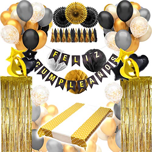 Decoracion Cumpleaños (123 PIEZAS) - Pack Incluye Pancarta" Feliz Cumpleaños", Globos, Guirnaldas, Banderines, Pompones, Cortinas y Mucho Mas… (Español Color Negro)