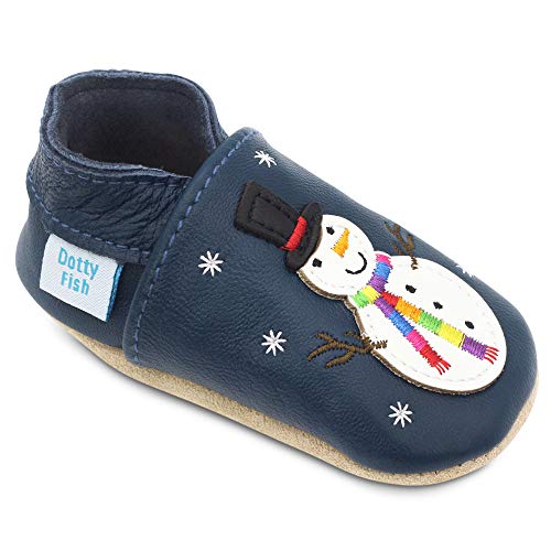 Dotty Fish Zapatos de Cuero Suave para bebés. Antideslizante. Muñeco de Nieve Azul Marino. 18-24 Meses (23 EU)
