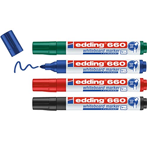 Edding 660-4-S - Marcador para pizarra blanca, 4 unidades, colores negro, rojo, verde y azul