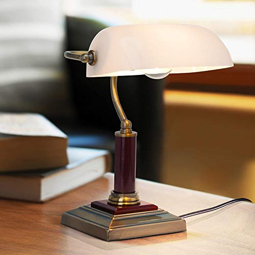 Elegante lámpara de banquero, lámpara de escritorio, con base de madera, 1x E27 max. 60W, metal / madera / vidrio, latón antiguo