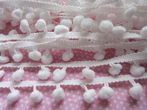 Franja decorativa para coser de YCRAFT, con pompones, flecos, bolas que cuelgan, de 91 cm, lazo, Blanco, pom size 12mm