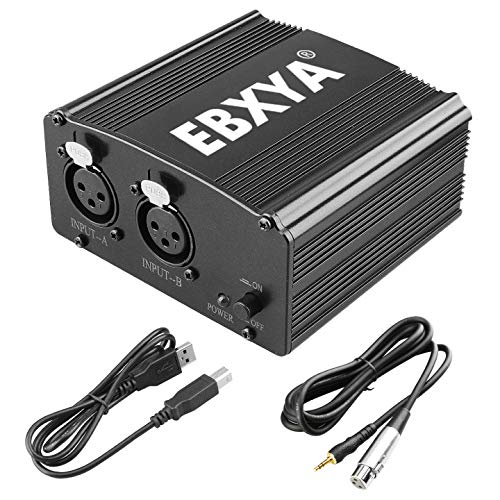 Fuente de alimentación fantasma EBXYA de 2 canales 48 V con cable USB, cable XLR de 3,5 micrófonos para cualquier grabación de música de micrófono de condensador