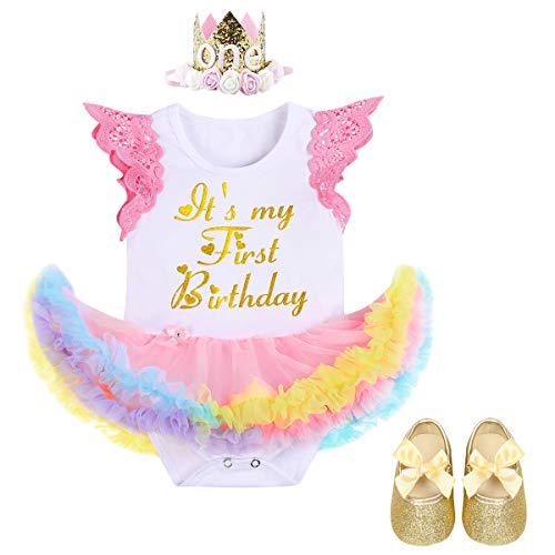 FYMNSI Es mi primer cumpleaños para niña, conjunto de tul arcoíris para 1 año, vestido de princesa, pelele + diadema + zapatos de 3 piezas para fiestas de cumpleaños dorado 6-12 Meses
