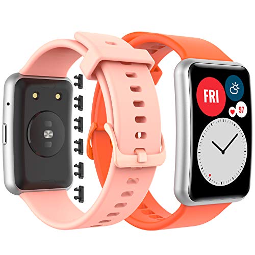 GeeRic Correa Compatible para Huawei Watch Fit,2pcs Silicona Pulseras de Repuesto Compatible para Huawei Watch Fit Rosa Naranja