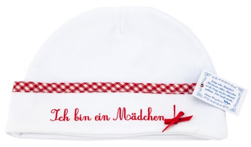 Gorro de bebé/sombrero de bebé "Ich bin ein Mädchen" (je suis una niña) de color blanca con borde decorativa, estampado y Arcs 100% algodón del Label alemán Ringelsuse 6-9 Meses