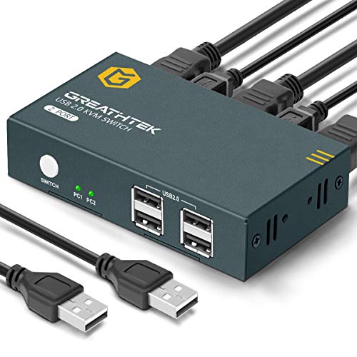 GREATHTEK KVM HDMI Switch USB 2 Puertos 4K, USB2.0, 4K @ 30Hz Conmutador KVM 2 PC 1 Monitor, Ultra HD, con 2 Cables USB y 2 HDMI