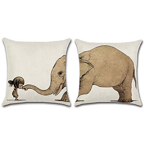 Gspirit Funda Cojines 2 Piezas Elefante y Modelo Algodón Lino Decorativo Throw Pillow Case Funda Almohada 45x45cm