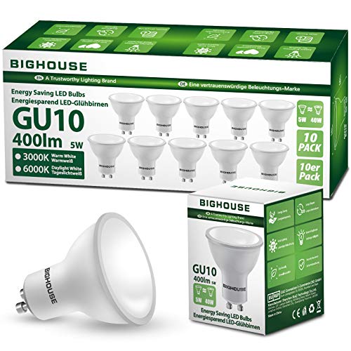 GU10 LED blanco cálido (3000K), BIGHOUSE 5W 400 Lumen Reemplazo de lámpara LED para lámparas halógenas de 40W, ángulo de haz de 120 °, 220-240V AC (10 piezas)