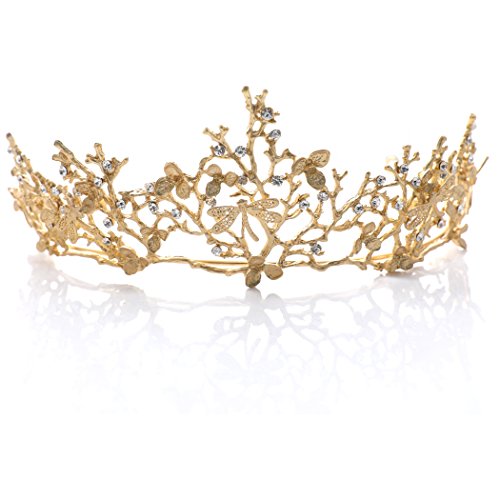 Handcess Corona de boda y tiara de flores, corona de princesa reina, barroca vintage, diadema de diamantes de imitación para novia y dama de honor, oro