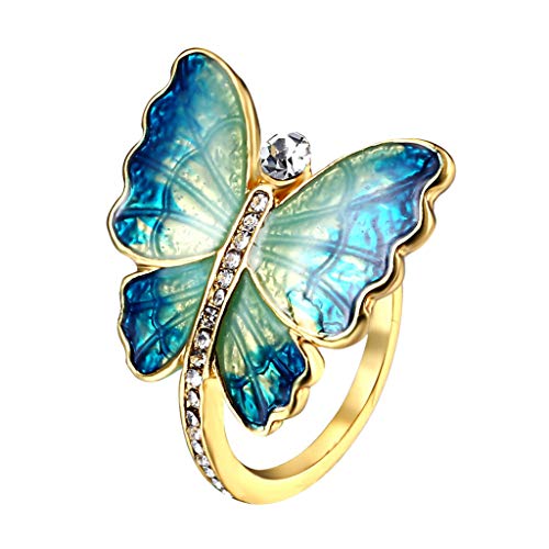 holilest Ring, Colorful Enamel Flying Butterfly Rings Crystals Inlaid Band for Women US Size 7-Green