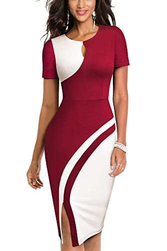 HOMEYEE Vestido de Negocios elástico de Color Vintage con Contraste y Hueco para Mujer B571 (XL, Rojo Oscuro + Blanco)