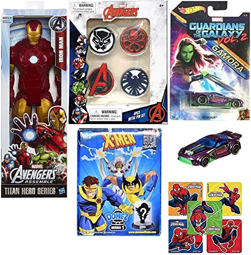 Hot Wheels Scorcher Super Pack Marvel Heroes Gamora Guardians Galaxy Bundled with Heroes X-Men Blind Box Domez + Iron Man Titan Figure + Pins Hydra / Agents / & Stickers 4 Items
