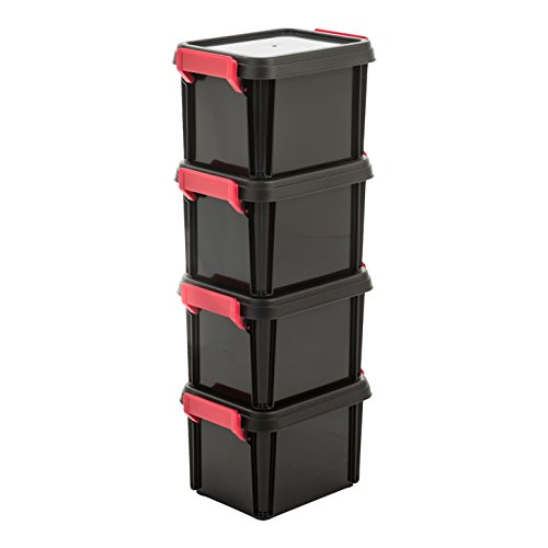 Iris Ohyama, lote 4 cajas apilables de almacenamiento con tapa - Multi Box - MBX-2, plástico, negro / rojo / transparente, de 2 l, 22,4 x 17 x 14,5 cm