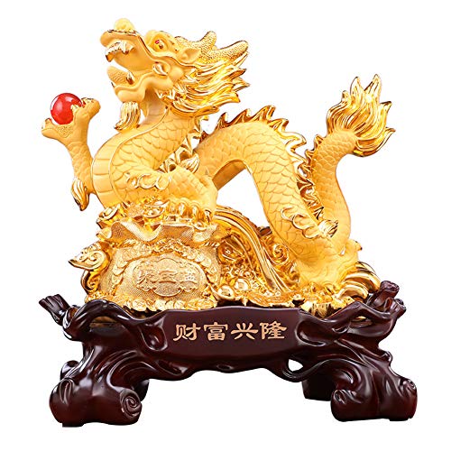 J.Mmiyi Chino Dragón Estatua Feng Shui Resina Dragón con Dragon Ball Escultura Adornos Hogar Oficina Riqueza Suerte Decorar,Oro
