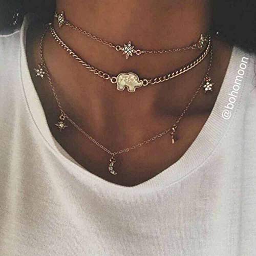 Jovono Bohemia Collares de múltiples capas Diamante Seis puntas Estrella Luna Elefante Colgante Collar Cadena Joyas para Mujeres y Niñas (Oro)