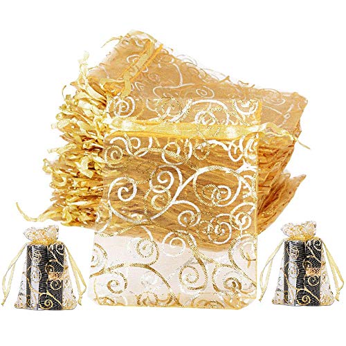 JPYH 100 Piezas Bolsas de Organza Regalo Dorado, Bolsos de Lazo de Organza Jewelry,Saquitos Arroz Boda para Joyas Caramelo Dulces Fiesta Bautizo Comunión (10x12cm)